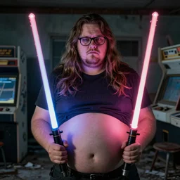 photo of a sad morbidly obese white man in his early 5 0 s that wears glasses, has very long hair and a short beard, belly navel is exposed, holding two lightsabers in his hands, environment is an abandoned gaming arcade