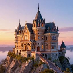 a close - up image of a victorian chateau on the top of a mountain at sunrise, artgerm, anime style, magic, fantasy, hyperrealistic, concept art, octane render, unreal engine 5, trending on artstation, trending on deviantart, highly detailed, high quality, colorful, geometrically correct, high coherence, path traced, digital art, masterpiece