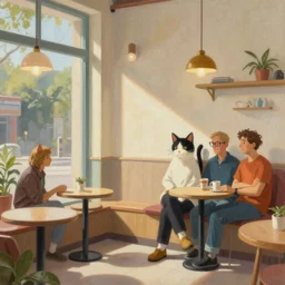 a mixed media closeup portrait painting of the interior of an aesthetic cat - themed cafe, minimalist, by thomas kinkade, greg rutkowski, beeple, yoko taro, christian macnevin, beeple, wlop and krenz cushart, epic fantasy character art, volumetric outdoor lighting, midday, high fantasy, cgsociety, cheerful colours, full length, exquisite detail, post - processing, masterpiece, cinematic