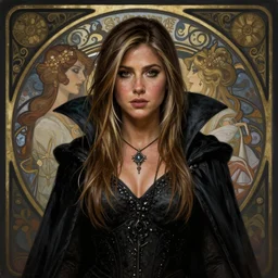 Nicole Aniston as a Necromancer Sorceress in center, fantasy magic, undercut hairstyle, dark light night, intricate, elegant, sharp focus, illustration, highly detailed, digital painting, concept art, matte, art by WLOP and Artgerm and Greg Rutkowski and Alphonse Mucha, masterpiece