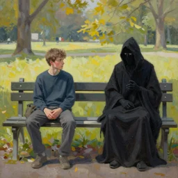 man sitting on park bench next to the grim reaper peaceful acrylic painting by Denis Villeneuve sunny afternoon