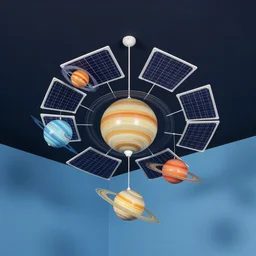 solar system ceiling mobile hanging from a blue room as seen from a low perspective