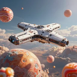 scifi spaceship landing on a candy planet, hyperrealistic, ultra realistic, realistic, highly detailed, epic, HD quality, 8k resolution