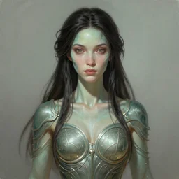 a professional painting of a beautiful young female alien, clothed in ethereal armor, olive skin, long dark hair, beautiful bone structure, symmetrical facial features, intricate, elegant, digital painting, concept art, smooth, sharp focus, illustration, from Valerian and the City of a Thousand Planets, by Ruan Jia and Mandy Jurgens and Artgerm and William-Adolphe Bouguerea