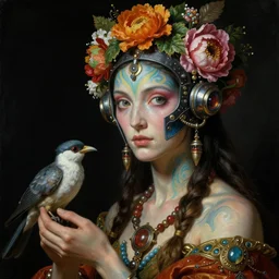 a baroque close - up portrait of a fantasy alien cyborg shaman goddess wearing facepaint and a colorful floral futuristic mantis visor with metallic technology, holding a bird. black background. studio lighting, big eyes. highly detailed science fiction fantasy painting by norman rockwell, moebius, frank frazetta, syd mead, and sandro botticelli. high contrast. renaissance masterpiece. artstation.