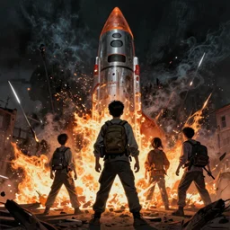 Horror movie about kids under Rocket fire . Post-processing , low angle , Greg rutkowski legendary matte painting , masterpiece
