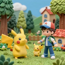 still from a 1 9 9 7 live - action stop - motion puppetry tv show by tim burton starring pikachu and various pokemon and ash ketchum in dioramas of forests or towns. everything is made of plasticine, fabric, and physical materials. photographic ; cute ; highly - detailed.