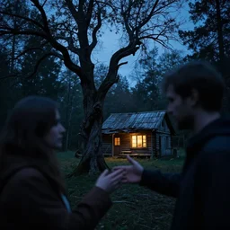 photograph portrait of a twisted tree grabs a man and a woman as they reach toward each other in front of a glowing rundown log cabin at night, closeup, overcast skies, dark blue tones, in a deep dark forest, nightmare, sigma 8 5 mm f / 1. 4, 1 5 mm, raw, 4 k, high resolution