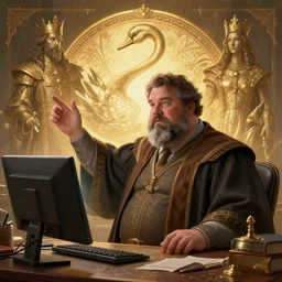 a heavy set man university professor with a salt and pepper goatee teaches computer science, fantasy, illustration, artstation, cinematic lighting, hyperdetailed, cgsociety, 8k Resolution, high resolution, Charlie Bowater, Tom Bagshaw, Tom Richmond, insanely detailed and intricate, beautiful, elegant, golden ratio, royal swan insignia in background