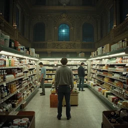 wes anderson cinematography, cosmic horror, scene from a wes anderson film, ornate highly detailed interior environment, supermarket at night horror, atmospheric haze, film. film still, 1 6 mm cinematography. todd hido, gregory crewdson