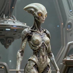 an extremely detailed masterpiece 3 / 4 body shot of a pleiadean extraterrestrial with yellowish eyes and the muted technology of its'spaceship in background, in the style of sylvain sarrailh, one single continues line, unreal engine, detailed, elegant, intricate, trending on artstation, 4 k