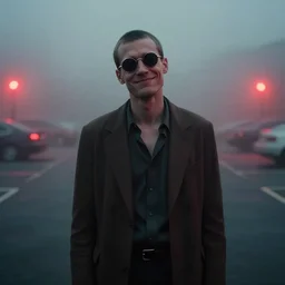 orientalist portrait of a slender man with short hair and rounded sunglasses, smiles in despair, atmospheric and obscure, standing in a parking lot, surrounded by mist and red lights, by roger deakins, cinematography, syd mead, phil hale, 5 0 mm