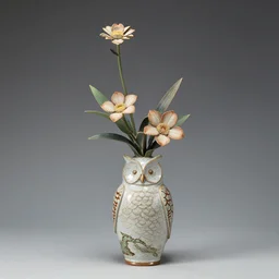 an owl - vase sculpture, japanese ikebana flower arrangement, summer, flowers in a vase, owl motif, glazed clay, traditional japanese pottery, zen,