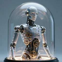 inner view of humanoid robot from ex machina, transparency, transparent, glass dome, see - through, gears and lights, cinematography by stanley kubrick, intricate, elegant