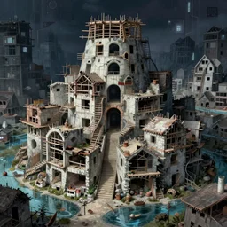 a beautiful ultradetailed illustration of urbex village unfinished building building by santiago calatrava, water otherworldly at night universe evil postcyberpunk, archdaily, wallpaper, highly detailed, trending on artstation.