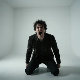 insane man screaming in a white room, highly detailed, moody, gloomy