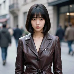 ektachrome, 3 5 mm, highly detailed : incredibly realistic, youthful asian demure, exquisite features, feminine cut, portrait photo 1 9 7 0 s frontiers in flight leather suit cosplay fashion, nick night, street photography