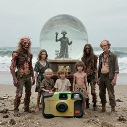 midcentury beasts, ancient family photo on the beach, deformities, 1 9 8 1 disposable camera with hard flash, raging sea, freeze frame, liebovitz, cgisociety, weta digital, micro detailed, snow globe, ancillary sphere, desaturated, joel peter witkin, lovecraft, chaos