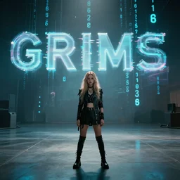 cinematic shot of Grimes in a large room with holographic letters and numbers