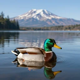 a colorful iridescent mallard floating on a lake in the foothills of mount saint helens crater in the distance