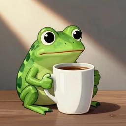 Pepe the Frog drinking coffee from a large white mug, simple digital art