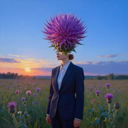 floating thistle flower under head, a girl in a suit in field of flowers, surreal photography, sunrise, blue sky, dramatic light, impressionist painting, digital painting, artstation, simon stalenhag