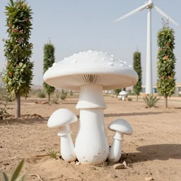 mushroom shaped electro static water condensation collector, irrigation, wind turbines, vertical gardens, in the desert, XF IQ4, 150MP, 50mm, F1.4, ISO 200, 1/160s, natural light
