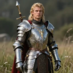 a handsome masculine blonde male human paladin standing proud, ultra detailed, cinematic shot, photorealistic, octane render, high definition, drawn by gerry arthur, fine details, with nature grassy background