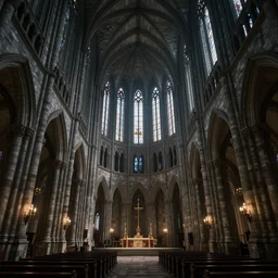 hyper realistic minecraft cavernous multi - level interior of a grand cathedral dark and forboding