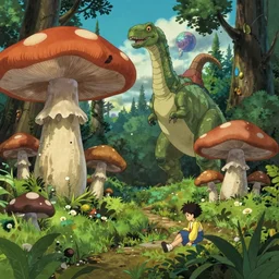 illustration of a colorful forest landscape, giant mushrooms, a giant mutant dinosaur, unknown planet, by studio ghibli. anime film, cinematic shot, artstation, insanely detailed, 4 k.