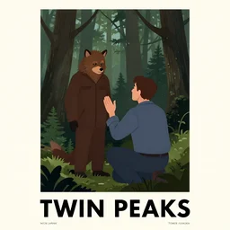 Twin Peaks poster art, of Michael Shannon the mechanic discovering a man dressed as a Furry in the woods, mysterious creepy, poster artwork by Michael Whelan, Bob Larkin and Tomer Hanuka, from scene from Twin Peaks, simple illustration, domestic, nostalgic, from scene from Twin Peaks, clean, full of details, by Makoto Shinkai and thomas kinkade, Matte painting, trending on artstation and unreal engine