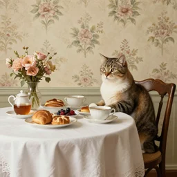 an extremely detailed photo of a cat in 1 8 8 0 s sitting at a beautiful breakfast table, flowery wallpaper, 1 8 8 0 s style.