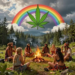 cartoon doodle style hippie wonderland, smoking blunts, marijuana leaf, hippies, camp fire, rainbows, forest, tons of clouds