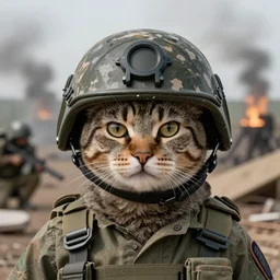 cat wearing military helmet, war zone, trending on artstation, hyperrealism