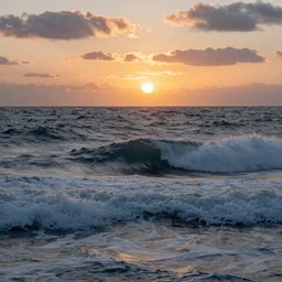 strong waves in the sea in a sunset, in style of Aivazovsky, hypermaximalistic, high details, cinematic, 8k resolution, beautiful detailed, insanely intricate details,