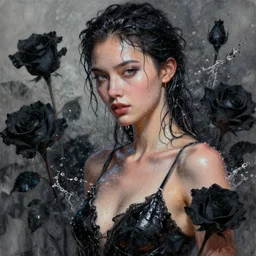 fierce wet fashion model, splash, sweat skin, liquid metal dna, effervescent, black roses, high detail, intricate oil painting and watercolor, deep mood, hyperrealism, 3 d, in the style of irakli nadar,