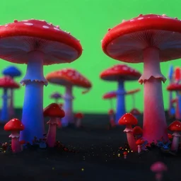 red and blue alien mushroom forest, green sky, black ground with little yellow dots, national geographic footage
