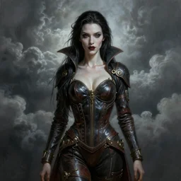 ultra realist and ultra intricate detailed soft painting of a beautiful steampunk porcelain vampire female covered in leather bodysuit, thin lustrous long dark hair, symmetry features, sensual gloomy style, volumetric clouds, cinematic, 8k resolution, photorealistic, digital painting, dark atmosphere, artstation, concept art, sharp focus, fantasy background, artstation trending, octane render, unreal engine