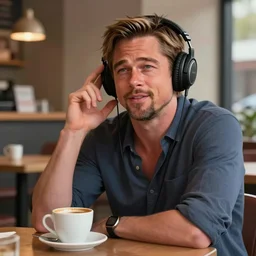 brad pitt with headphones in a cafe sitting in front of a table with a coffee, digital painting, masterpiece, digital art, concept art, octane render, unreal engine 5, trending on deviantart, highly detailed, high quality, 4 k, cartoon, high coherence, realistic, anatomically correct, five fingers, relaxing, realistic and detailed face, beautiful, elegant