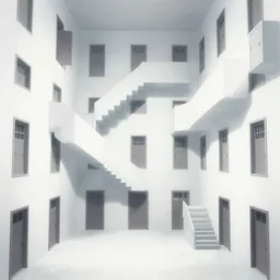 “the inside of a huge white building with with many doors and stairs, confusing, clean geometric shapes, creepy, doors, strange dimensions, anime style, detailed background, horror anime”