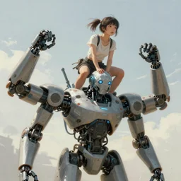 An epic fantastic realism graphic novel cover style painting of a beautiful girl riding on the shoulders of a robot with four arms, robotics, short pigtails hair,  cyberpunk, Concept world Art, ultrarealistic, hyperrealistic,  dynamic lighting by Paolo Eleuteri Serpieri