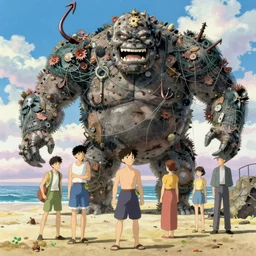 memorable animation key shot, illustration, paper texture, anime men taming a giant golem covered in fishing wire, hooks and barnacles at the beach, by mandy jurgens, by satoshi kon, ilya repin, lena aenami, shinji kimura, daylight pastel color palette, vibrant