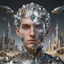 studio portrait lighting close face portrait a single face centered, man, half soap bubble mind, half symetrical highly detailed ornate with jewels and precious metals futuristic, half sandman kingdom, outside view from half castle kingdom of dreams, space ships, hiperrealistc, global illumination, radiant light, silver, art by andreas achenbach