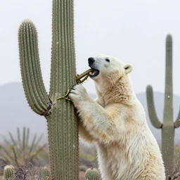 A polar bear munching happily on a large Saguaro cactus, snow falling, in the Sonoran Desert, Arizona, award winning nature photography by National Geographic