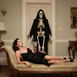 photographic. room with a door. elegant 1940s diva sensually laying on a chaise longue having a martini in a hand. human skeleton wearing a hooded cape and black robe enters the room through the door