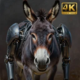 ultra sharp portrait of an evil donkey that is aggressively looking into the camera, oil painting, highly realistic, highly detailed, medium shot, low angle, dramatic lighting, picture of the year award, deep cyberpunk mechanoid, sharp focus, 4 k, ultra hd,