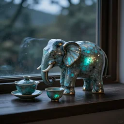 raku elephant tea set on a window sill in evening, horse hair, raku metallic, turquoise, mottled, crackle, spot lit, deep color, translucent, bioluminescent