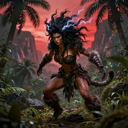 barbarian warrior woman with chimera monkey tail, monkey tail, furry tail, barbarian pelt, cavewoman, black hair, electrified hair, wild spiky black hair, upturned hair, surrounded by electrical aura, prowling around primeval jungle, palm trees, rocks, mountains, red sky, hyperdetailed, ultra high definition, realism, 4 k, jacques - louis david