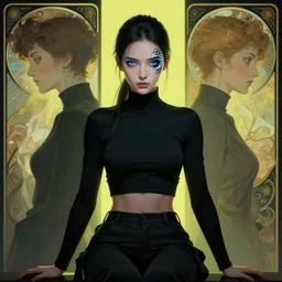 cyberpunk full shot, sitting, very detailed, cgsociety, artstation, female, black clothing, dark hair, clean, symmetry, blue eyes, intricate, impossible beauty, eye implant bionic, ponytail, staring in the void, art by krenz cushart and artem demura and alphonse mucha,, high neck crop top