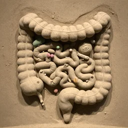 distorted by emma rios, by mike mignola sand sculpture. a photograph of the human intestine in all its glory. each section of the intestine is labelled, & various items & creatures can be seen inside, such as bacteria, food particles, & even a little mouse.